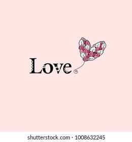 Love word and a heart balloon illustration with leaves and doodles on a pink background