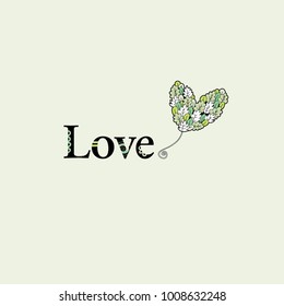 Love word and a heart balloon illustration with leaves and doodles on a green background.