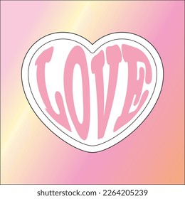 Love word in a heart frame vector design. 70s preppy vintage style distorted letters typography on candy pink and yellow beautiful gradient background.