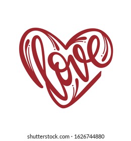Love word heart handwritten typography. Valentines day trendy decorative design element for prints cards posters decoration. Vector vintage illustration.