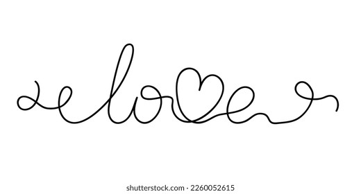 Love word with heart as letter V hand drawn single line simple style minimalist vector illustration suitable for greeting card, postcards, poster, banner, wedding, St Valentine day holiday concept