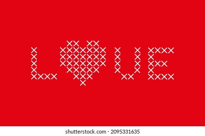 LOVE word with Heart shape icon. Cross Stitch Embroidery style. Vector illustration