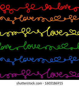 Love word and hearts handwritten line seamless pattern in rainbow colors on black background. Valentine's Day, romance, marriage symbol, wedding ornament. LGBT pride symbol. Vector illustration