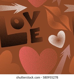Love word, hearts and lipstick kiss motley seamless pattern. Romantic vector stock illustration in white, pink and orange colors.