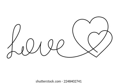 Love word with hearts one-line continuous contour,hand-drawn romantic text design for Valentine's Day.Calligraphy motivational quote, handwriting lettering.Editable stroke.Isolated.Vector illustration