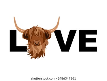 Love Word with Portrait of Highland cattle, cow, Cute head of Scottish cattle, Scottish sign. Design element for logo, poster, card, banner, emblem, t shirt. Vector illustration.