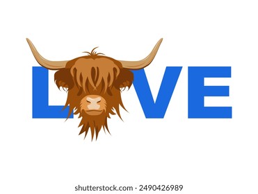 Love Word with Portrait of Highland cattle, cow, Cute head of Scottish cattle, Scottish sign. Design element for logo, poster, card, banner, emblem, t shirt. Vector illustration.