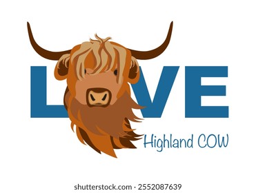 Palavra de Amor com Retrato de gado Highland, vaca, Cabeça bonita de gado escocês, sinal escocês. Elemento de design para logotipo, cartaz, cartão, banner, emblema, t shirt. Ilustração vetorial.