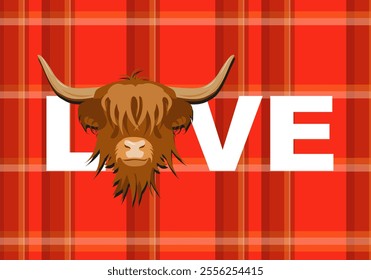 Love Word with Portrait of Highland cattle, cow. Scottish tartan plaid, Scottish sign. Design element for logo, poster, card, banner, emblem, t shirt. Vector illustration.