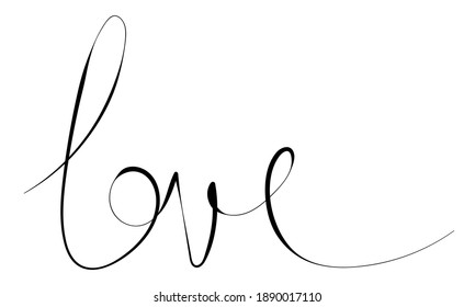 Love word ink for greeting card, banner, poster. Romance thin black lines calligraphy style. Typography background vector illustration.