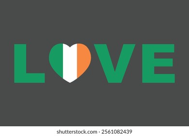 Love Word with Ireland heart shape, Ireland flag vector graphic, Ireland country flag is a symbol of freedom, National Ireland flag, vector illustration
