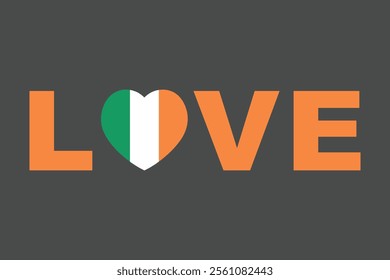 Love Word with Ireland heart shape, Ireland flag vector graphic, Ireland country flag is a symbol of freedom, National Ireland flag, vector illustration
