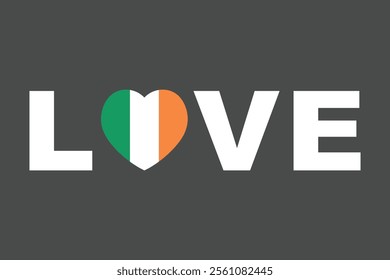 Love Word with Ireland heart shape, Ireland flag vector graphic, Ireland country flag is a symbol of freedom, National Ireland flag, vector illustration
