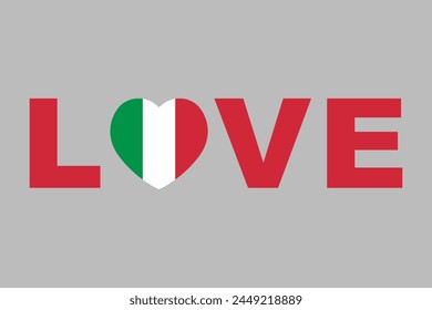 Palabra de amor con forma de corazón de Italia, bandera nacional de Italia, bandera italiana, Ilustración vectorial
