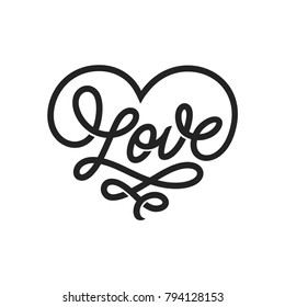 Love word lettering in form of heart. Valentine day romantic handmade typography. Hand drawn calligraphy for t-shirt prints, posters, decor needs. Vector vintage illustration.