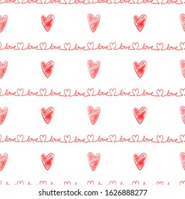 Love word lettering hand drawn and hearts. Vector seamless pattern. For decoration