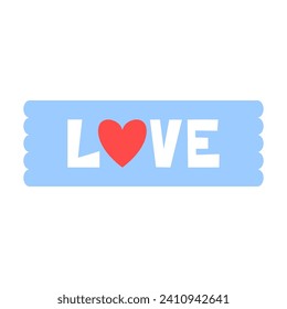 Love word lettering with heart on banner. The romantic phrase, saying, quote for printing. Valentine's Day sticker illustration