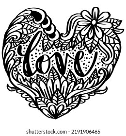 Love word lettering with heart shape in floral ornament.