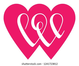 Love word lettering in shape of double hearts. Valentine day hand written design. Romantic calligraphy for wedding invitations, t-shirt prints, posters. Vector illustration. Pink graphic romance sign.