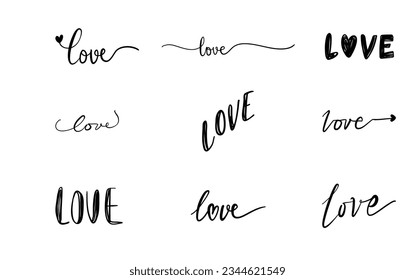 Love Word Lettering Vector Set. Doodle Love, Calligraphy, Script, One Line Art 