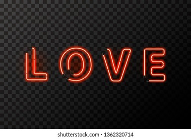 LOVE word made up from bright red neon letters on transparent background