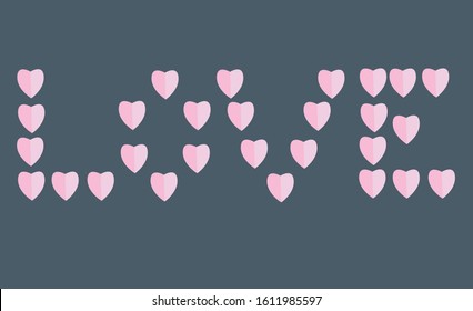"LOVE" word made by half of rose hearts on grey background