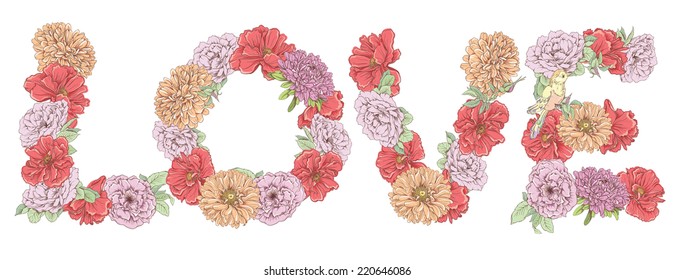 Love word made of flowers. Vector hand drawn