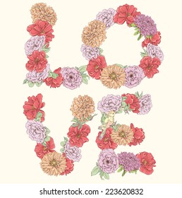 Love word made of flowers. Vector hand drawn