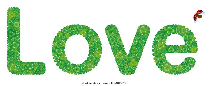 Love word made from green clover leaves, isolated on white background.