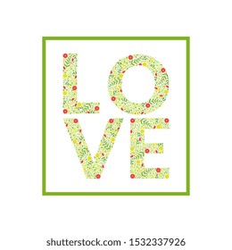 Love Word Made of Leaves and Flowers Pattern Vector Illustration