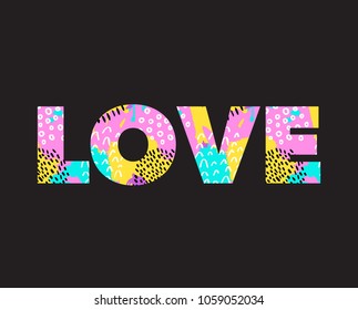 LOVE word made of modern abstract colorful pattern on black background. Vector illustration