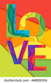 Love word, mockup print colored graphic layered design for t-shirt or poster. Material layered colored background.