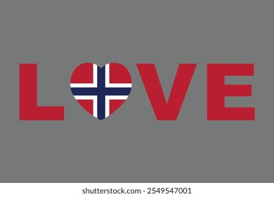 Palavra do Amor com forma de coração de Noruega, gráfico vetorial da bandeira de Noruega, bandeira de país de Noruega é um símbolo de liberdade, bandeira nacional da Noruega, ilustração vetorial
