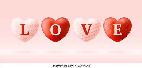 Love word on realistic hearts. Valentine's day card with pink and red hearts and lettering love. Vector illustration