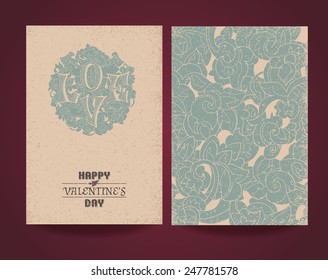 Love word on vintage patterned background. Romantic decorative postcard. Wedding invitation. Valentines day postcard. Vector illustration