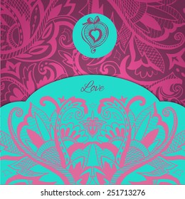Love word on vintage patterned background. Romantic decorative postcard. Wedding invitation. Valentines day postcard. Vector illustration
