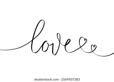 Love word one continuous line. Minimalist romantic linear lettering for valentines day greeting card, wedding invitation tattoo design. Vector illustration.