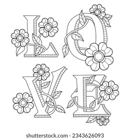 Love word in plants and flowers hand drawn for adult coloring book