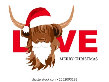 Love Word with Portrait of Highland cattle, Merry Christmas, Cute Head of Scottish Cattle with Christmas Hat Beard, Scottish sign. Design element for logo,poster, card, banner, emblem, t shirt. Vector