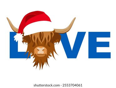 Love Word with Portrait of Highland cattle, Merry Christmas, Cute Head of Scottish Cattle with Christmas Hat, Scottish sign. Design element for log, card, banner, emblem, t shirt. Vector illustration.