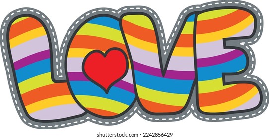 Love word in psychedelic retro style. Bright color patch