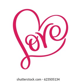 Love word in red heart. Vector calligraphy and lettering EPS10.