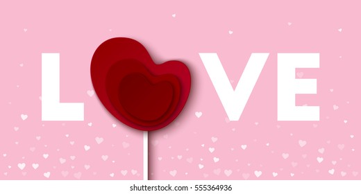 Love word with red lollipop heart card. Romantic sweet lollipop concept of love. Valentine's Day vector illustration.