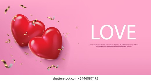 palabra de amor y dos corazones rojos de fondo romántico vista superior Plantilla, celebración del día de san valentín y otro precioso concepto de celebración elemento de telón de fondo. diseño de Ilustración vectorial.