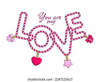 Love word. Rope and chains lettering. Jewelry decoration in Boho style. Greeting card for Valentine's Day. Flat vector illustration.