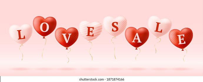 Love word and sale on realistic hearts. Valentine's day card with pink and red hearts and lettering love. Vector illustration sale or discount concept