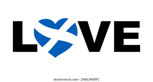 Love Word with Scotland heart shape, Scottish flag, The Scottish flag, Scottish sign, national flag of Scotland, Flag of Scotland. Computer illustration. Digital illustration. Vector illustration.