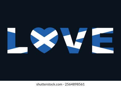 Love Word with Scotland heart shape, Scotland flag vector graphic, Scotland country flag is a symbol of freedom, National Scotland flag, vector illustration
