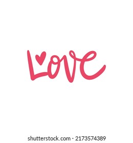 Love word script lettering text. Pink color vector illustration. Heart sign. Doodle art.