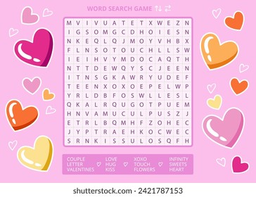 Love word search puzzle game with cute heart drawings worksheet. Printable activity for Valentines day. Educational game, learning English vocabulary